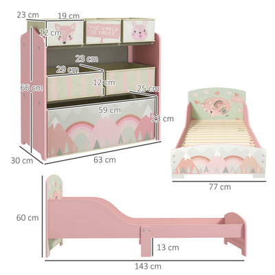 Toddler Bed Frame with Storage Shelf and 6 Fabric Bins for Kids Aged 3 to 6 Years Pink AOSOM