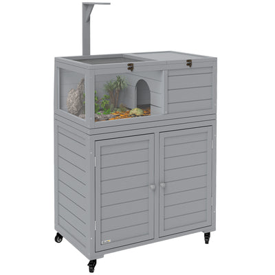 Wooden Tortoise House with Storage Cabinet Openable Top and Lamp Holder Light Grey by PawHut