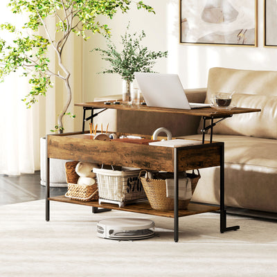 Lift Top Coffee Table With Hidden Storage Shelf For Living Room, Rustic Brown