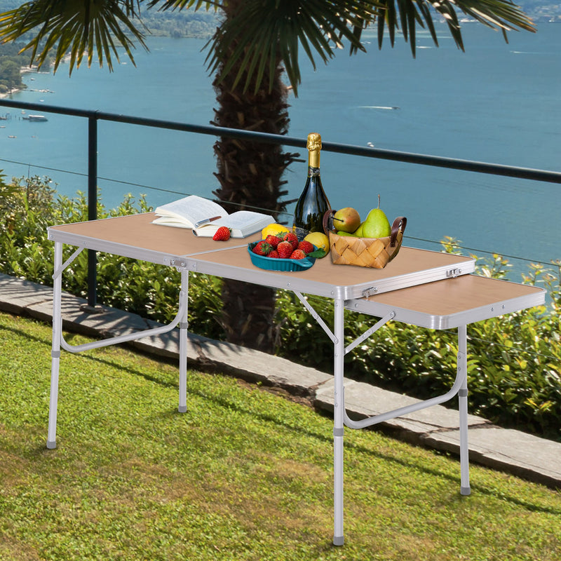 Folding Camping Table with Adjustable Height and Pull Out Side Table for Outdoor Dining Bamboo