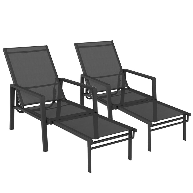 Set of 2 Garden Sun Lounger Chairs with Adjustable Back and Pull Out Footrest For Outdoor Relaxation, Black