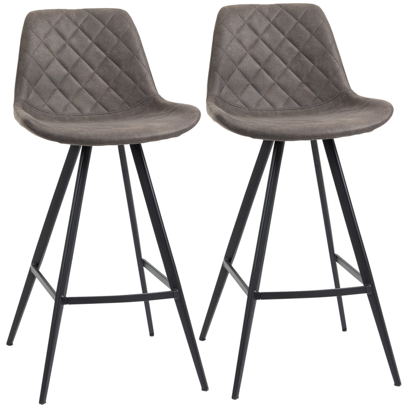 Set of 2 Vintage Bar Stools with Padded Quilted Seats and Steel Frame for Home Bar Dark Grey