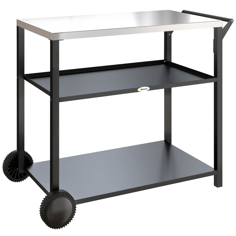 Outdoor BBQ Prep Table with Stainless Steel Top and Shelves for Easy Garden Cooking Black