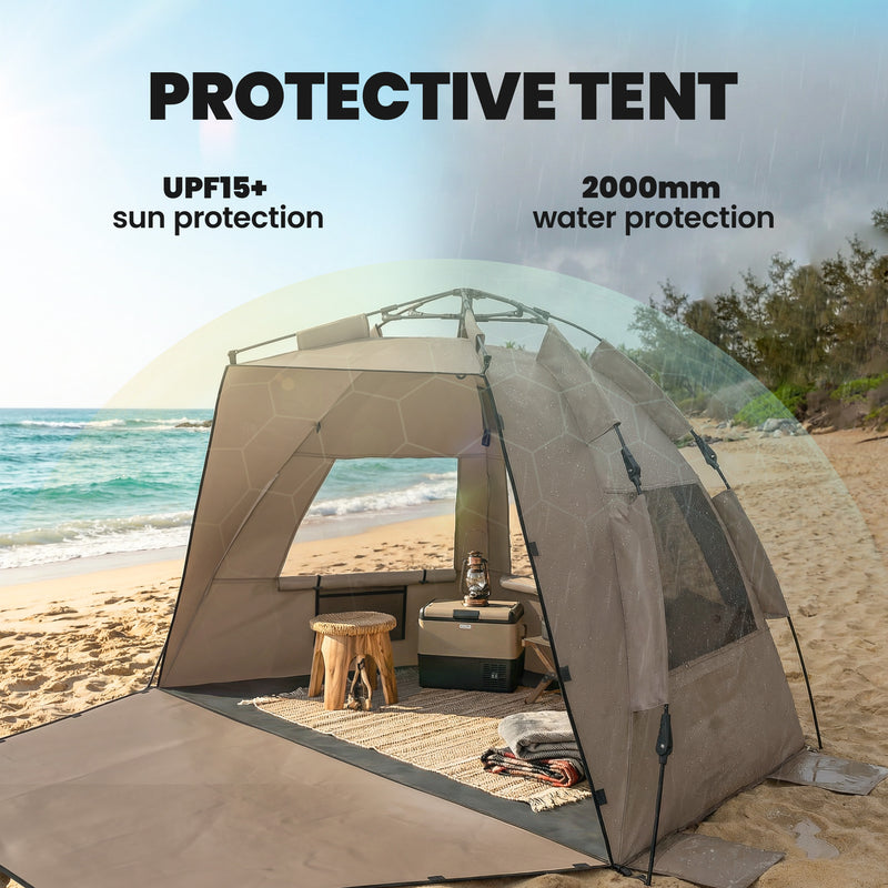 Pop Up Beach Tent for Quick Sun Shelter with Mesh Windows and Carry Bag Brown Outsunny