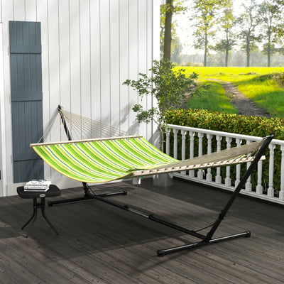 Double Garden Hammock with Adjustable Steel Stand and Pillow for Patio or Beach Green Stripes AOSOM