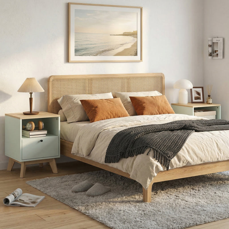 Set of 2 Bedside Tables with Drawer and Shelf for Organised Bedroom Storage Light Green Oak AOSOM