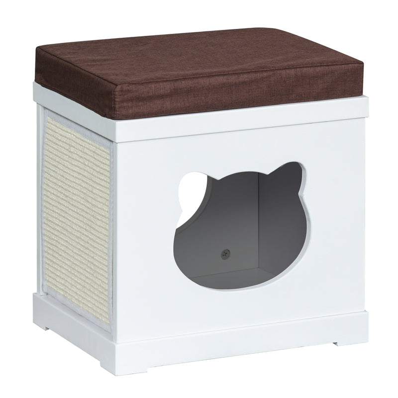 Cat House Bed with Soft Cushion and Removable Scratching Pad for Small Cats White AOSOM