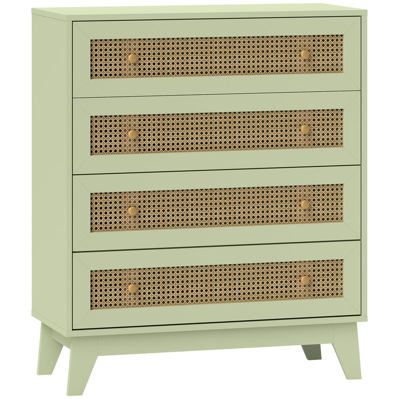 Light Green 4 Drawer Chest of Drawers with Rattan Front for Bedroom and Living Room Storage