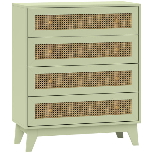 Light Green 4 Drawer Chest of Drawers with Rattan Front for Bedroom and Living Room Storage
