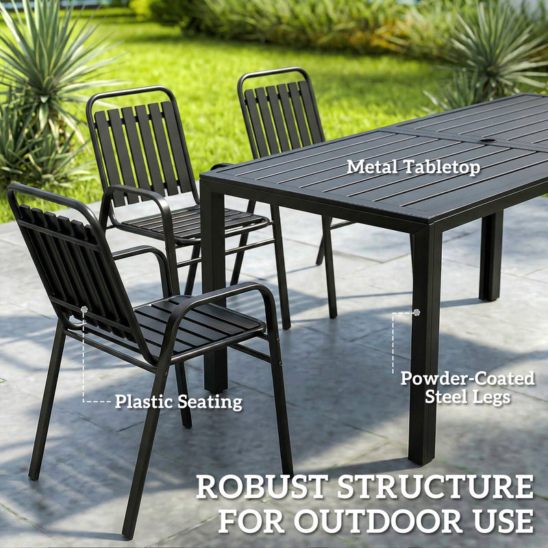 Outdoor Dining Set for 6 with Stackable Chairs and Easy Clean Table With Umbrella Hole, Black