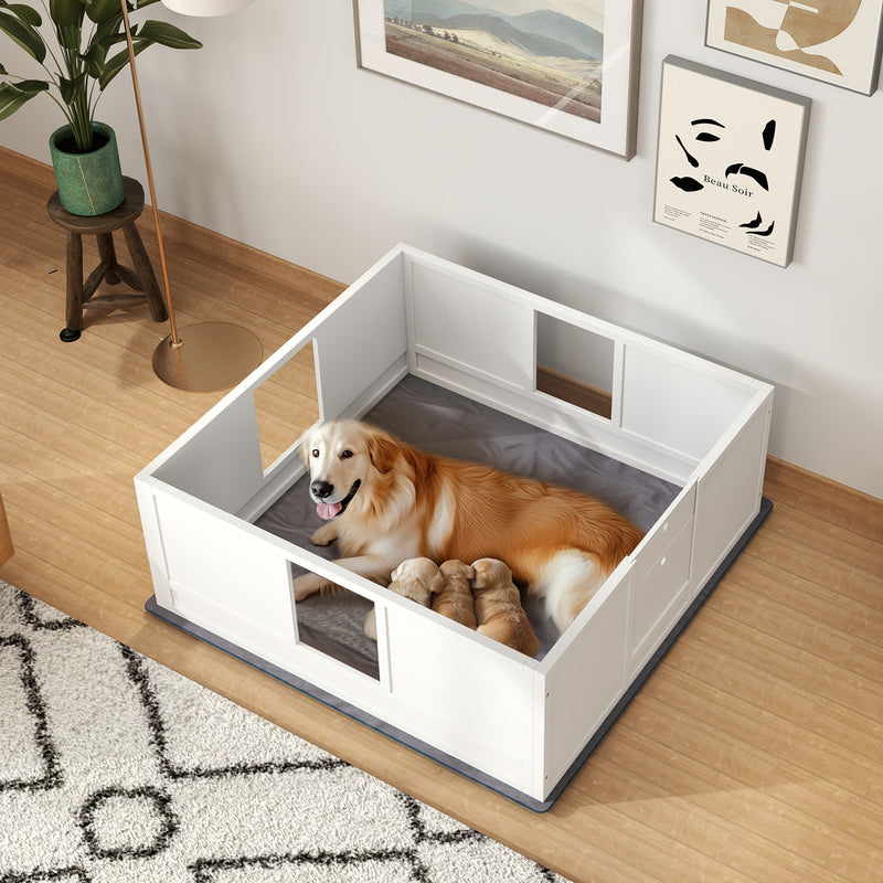 Whelping Box for Large Dogs with Pad Adjustable Entrance and Non-slip Feet 124 x 120cm by PawHut