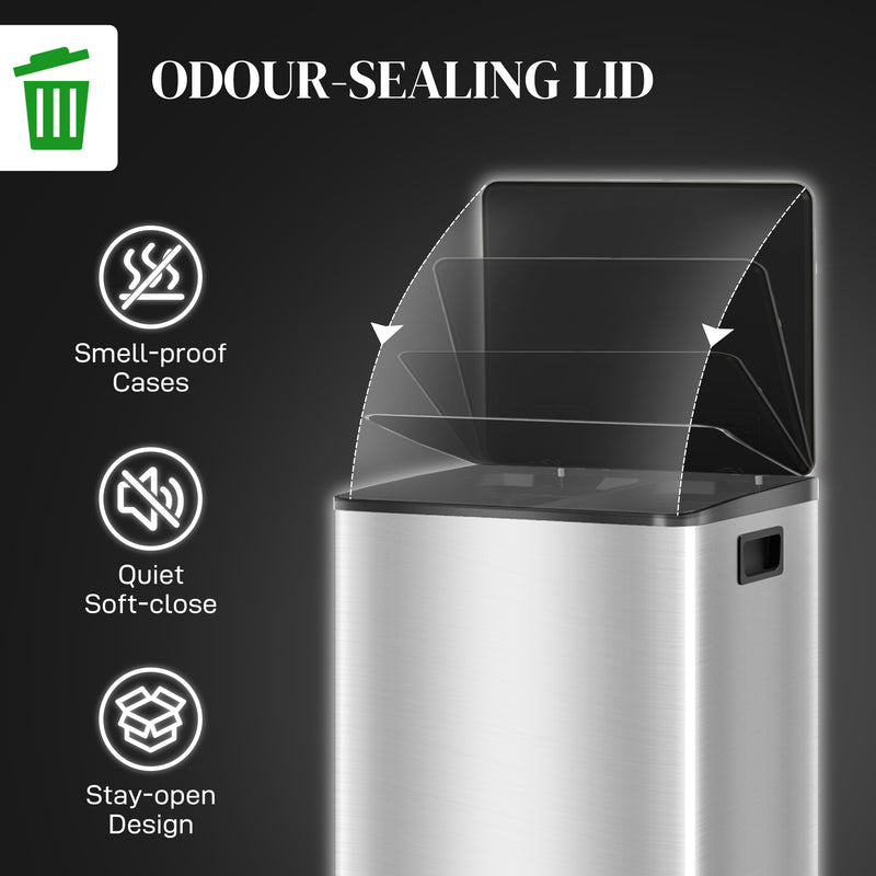 Indoor Kitchen Recycling Bin with Deodorisers 60L Dual Compartment Stainless Steel Silver Tone