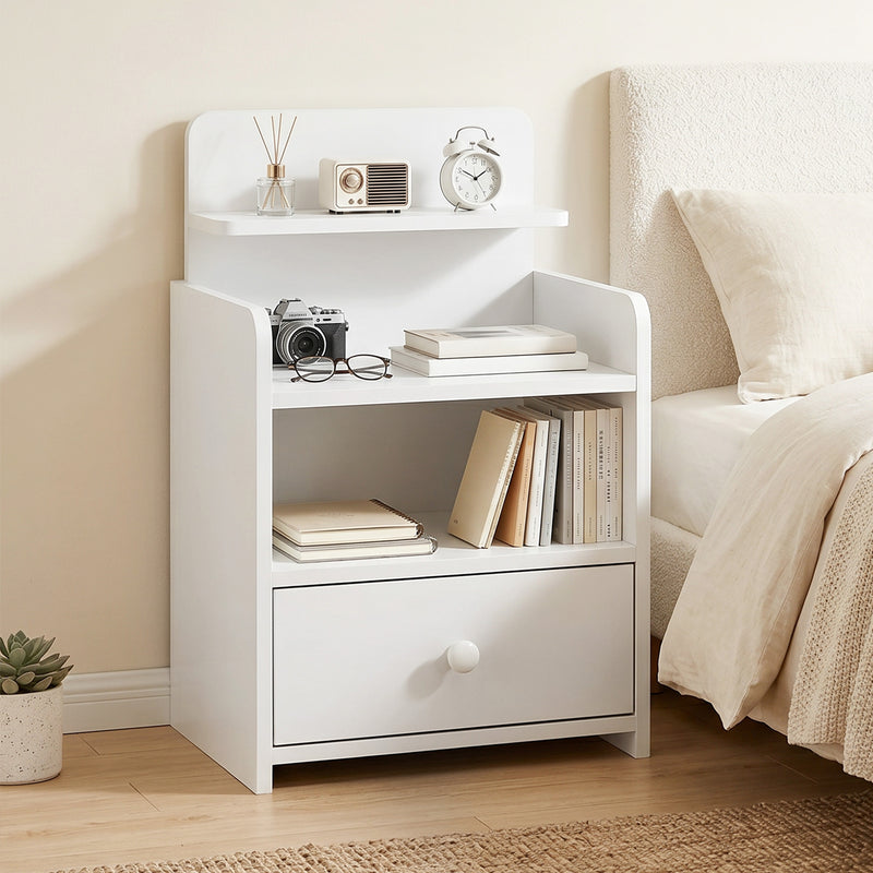 Bedside Table with Drawer and Shelves for Organising Night-Time Essentials White