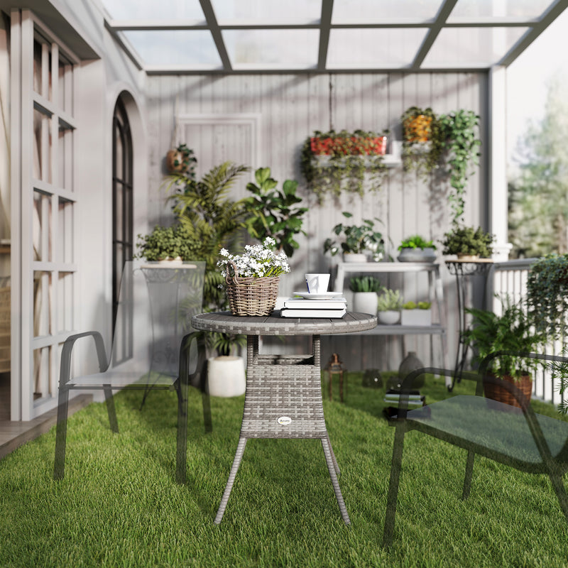 Grey Round 4 Seater Rattan Garden Table with Wood Effect Top for Outdoor Dining 70cm