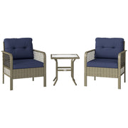 Charcoal Grey 3 Piece Rattan Bistro Set with Blue Cushions and Glass Table for Garden by Outsunny