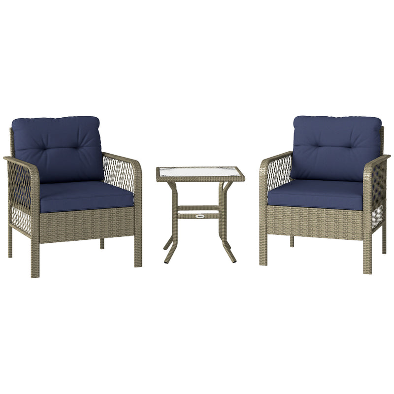 Charcoal Grey 3 Piece Rattan Bistro Set with Blue Cushions and Glass Table for Garden by Outsunny