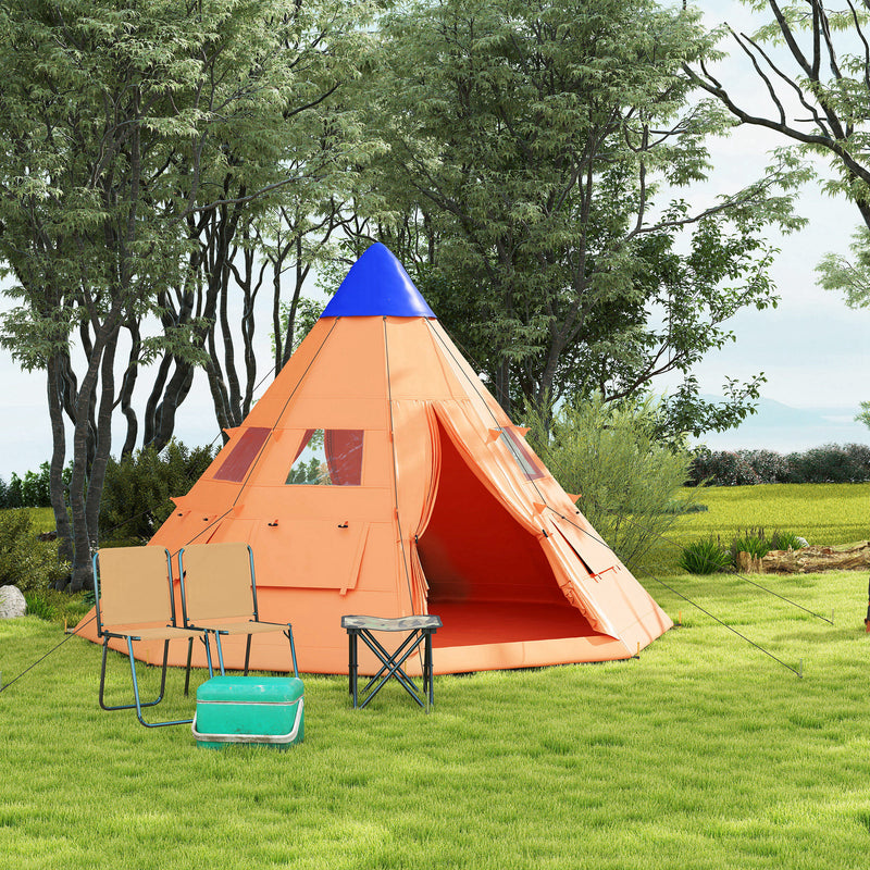 6 Person Tipi Tent with Easy Setup and Spacious Interior for Family Camping Orange Blue