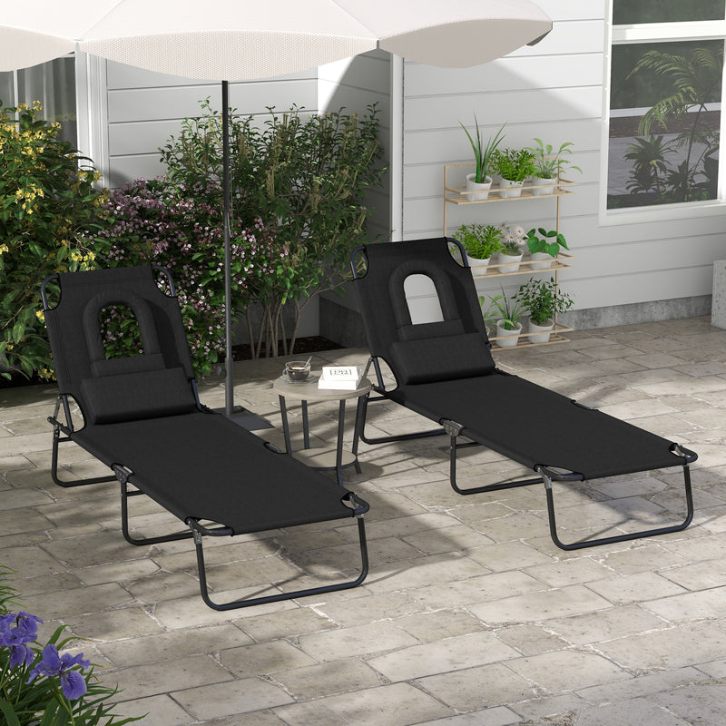 Set of 2 Black Folding Sun Loungers with Face Hole and Adjustable Backrest for Garden