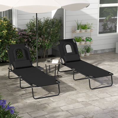 Set of 2 Black Folding Sun Loungers with Face Hole and Adjustable Backrest for Garden Outsunny