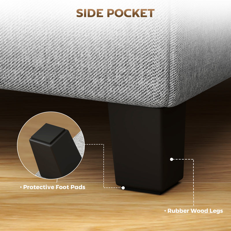 Small Light Grey Linen Ottoman Footstool With Side Pocket And Padded Seat For Living Room