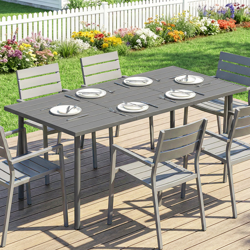 Garden Dining Table for 6 with Weatherproof Metal Frame and Easy Clean Slatted Top Dark Grey