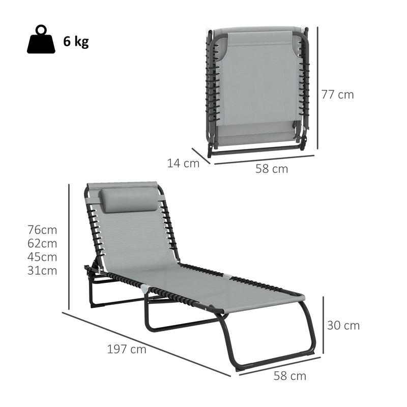 Light Grey Folding Sun Lounger with Four Recline Positions for Garden or Beach Use