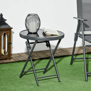 Black Round Folding Garden Table With Marble Effect Glass Top For Patio Or Balcony