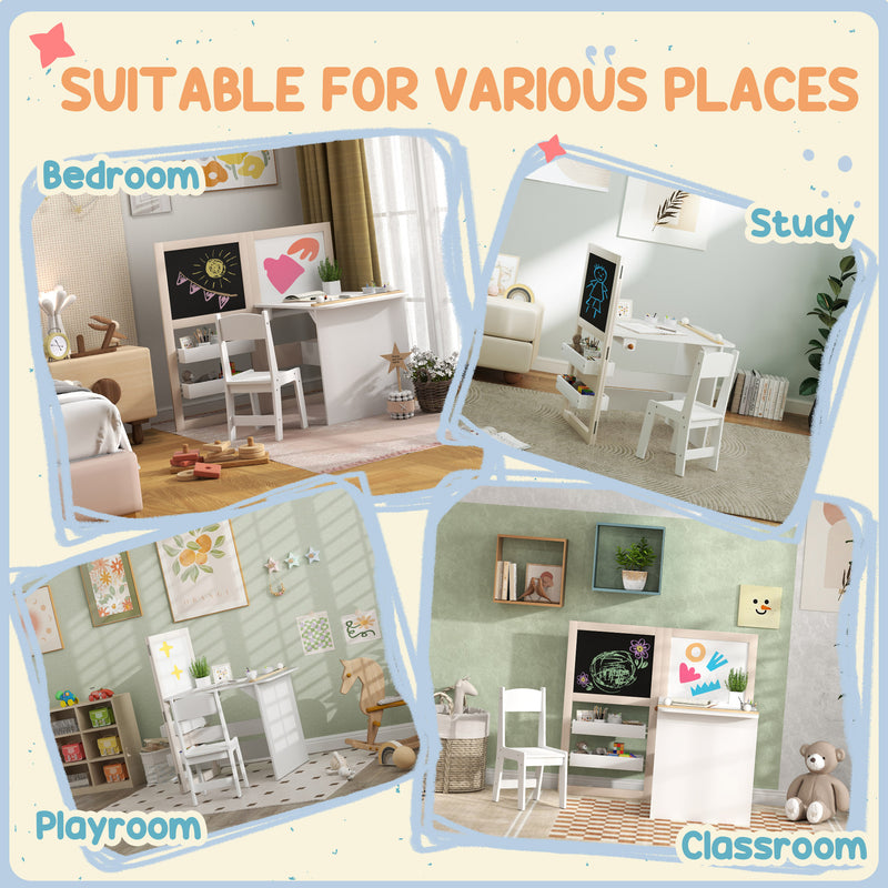 3 in 1 Kids Table and Chair Set with Storage and Drawing Board for Ages 3 to 8 White AOSOM