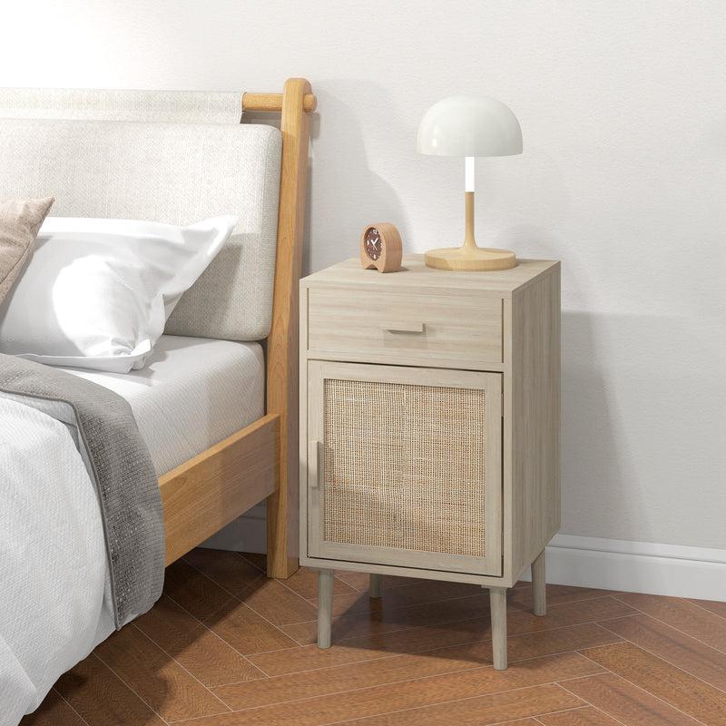 Set of 2 Rattan Bedside Tables with Drawer and Cabinet for Bedroom Storage Natural Wood