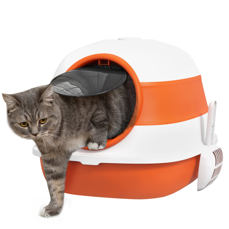 Foldable Cat Litter Tray with Lid Scoop and Deodoriser for Easy Cleaning, Orange