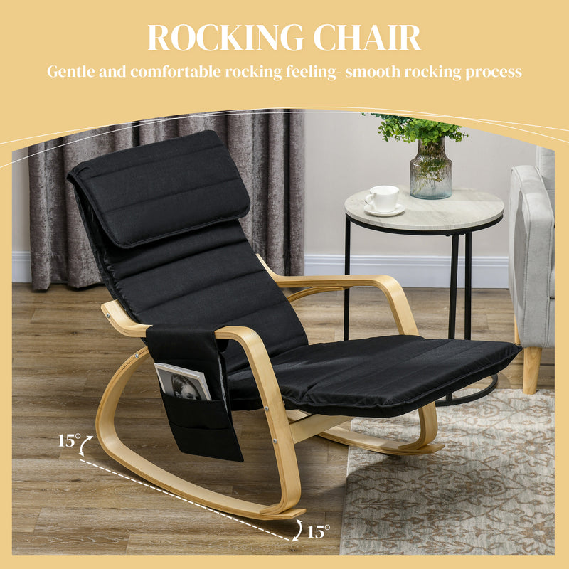 Reclining Rocking Lounge Chair with Footrest Pillow and Side Pocket for Home Relaxation Black
