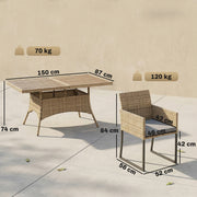 Rattan Garden Dining Set for 6 with Cushioned Chairs and Easy Clean Table Light Brown Outsunny