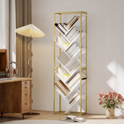 Modern Bookcase For Living Room Organisation - 10 Tiers - Gold Metal Frame With Angled White Shelves Homcom