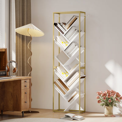 Modern Bookcase For Living Room Organisation - 10 Tiers - Gold Metal Frame With Angled White Shelves Homcom