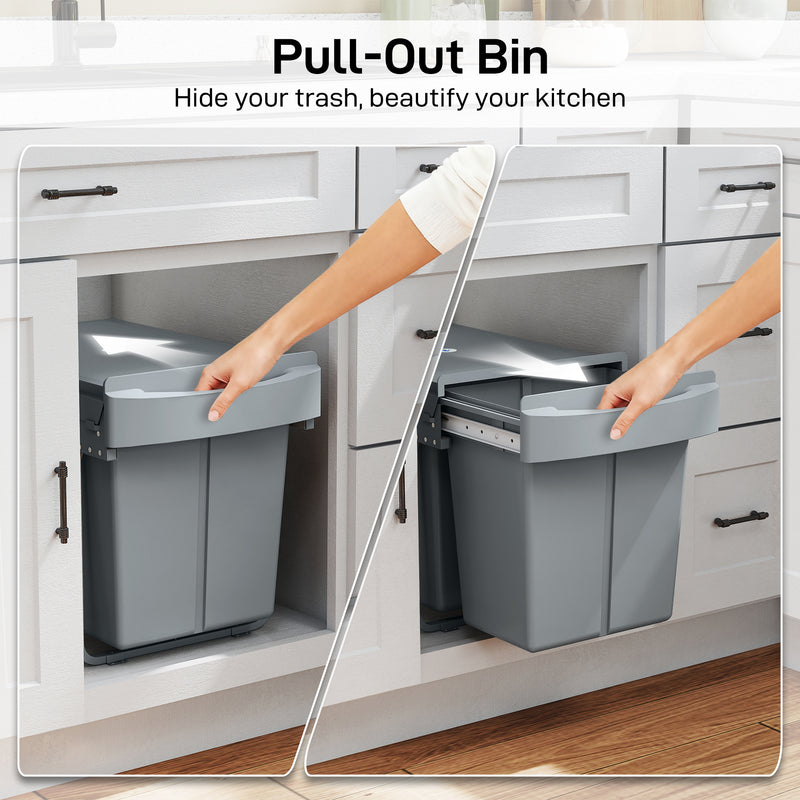 Pull Out Under Sink Kitchen Bin with Dual Compartments for Easy Waste and Recycling Grey