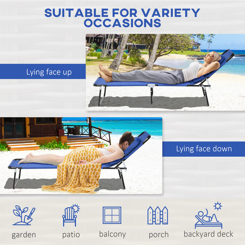 Blue Folding Sun Lounger Set of 2 with Adjustable Backrest and Face Hole for Garden Use