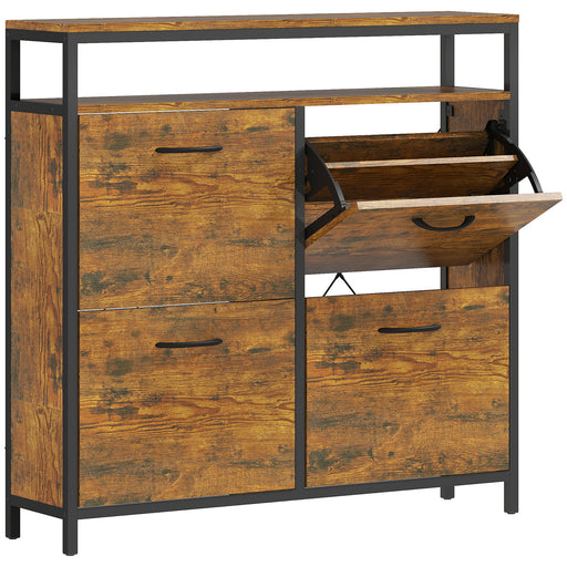 Shoe Storage Cabinet with 4 Flip Drawers and Open Shelf Ideal for Hallways, Rustic Brown