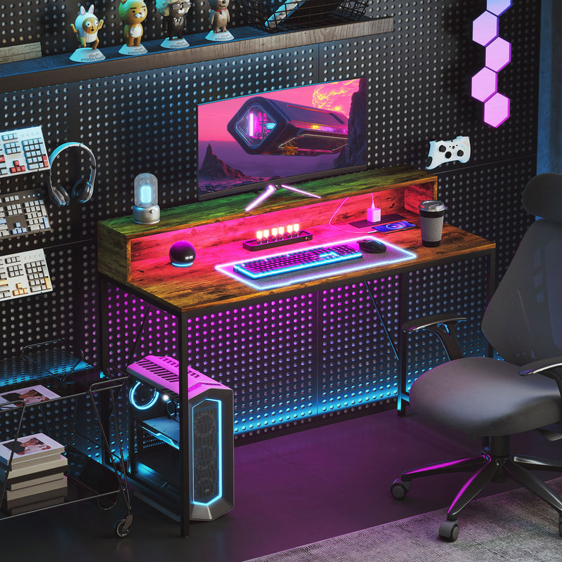120cm Gaming Desk with LED Lights and Power Outlets Rustic Brown by HOMCOM