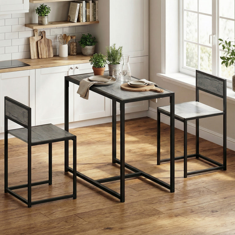 3 Piece Dining Table and Stool Set With Wood Effect Finish for Small Spaces, Charcoal Grey, 90L x 47W x 76H cm