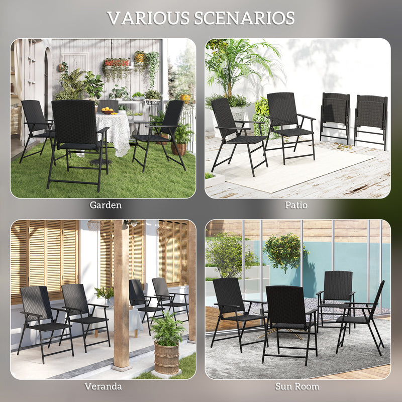 Set of Four Black Folding Rattan Dining Chairs for Outdoor and Garden by Outsunny