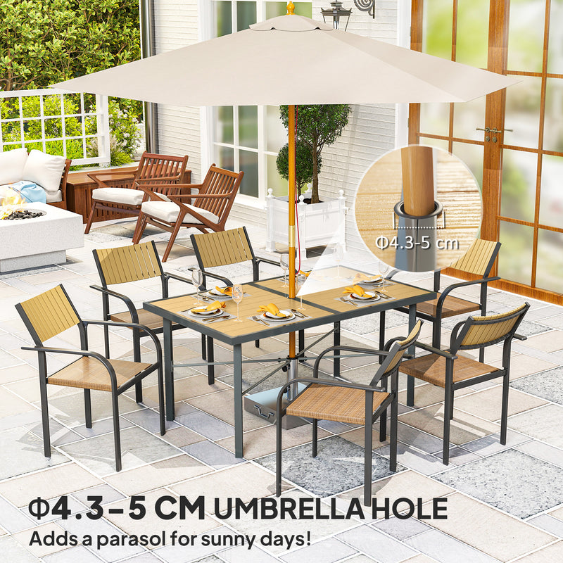 6 Seater Garden Dining Table with Umbrella Hole Rust Resistant Frame Wood Effect Top by Outsunny