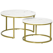 Round Nesting Coffee Table Set of 2 with Faux Marble Tops for Living Room White