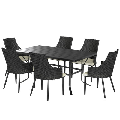 6 Seater Rattan Patio Dining Set with Cushions and Slatted Table for Garden Patio Balcony by Outsunny