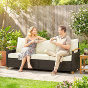 3 Seater Brown Rattan Garden Sofa with Deep Cushions & Removable Covers Outsunny