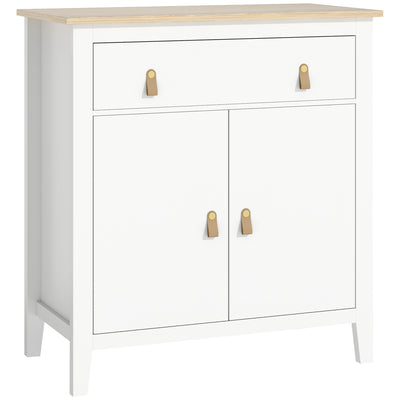 White Farmhouse Style Sideboard with Storage Shelves and Drawers