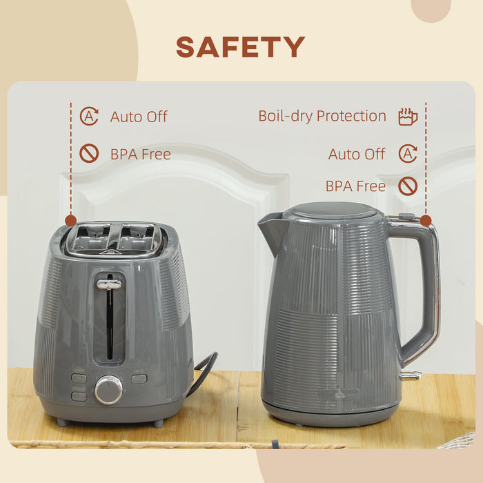 Grey 1.7L 3000W Fast Boil Cordless Kettle and 2 Slice Toaster Set with 7 Browning Levels by HOMCOM