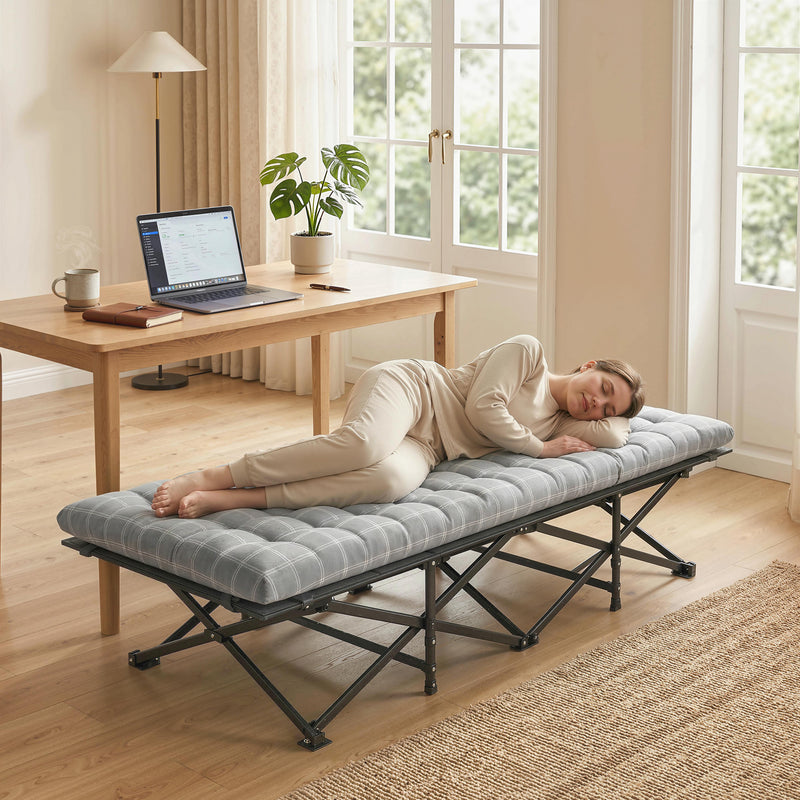 Folding Camping Bed with Extra Wide Surface and Padded Topper for Comfortable Sleep Grey