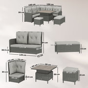 6-Piece Rattan Garden Furniture Set with Height-Adjustable Coffee Table, Dark Grey & Cream Outsunny