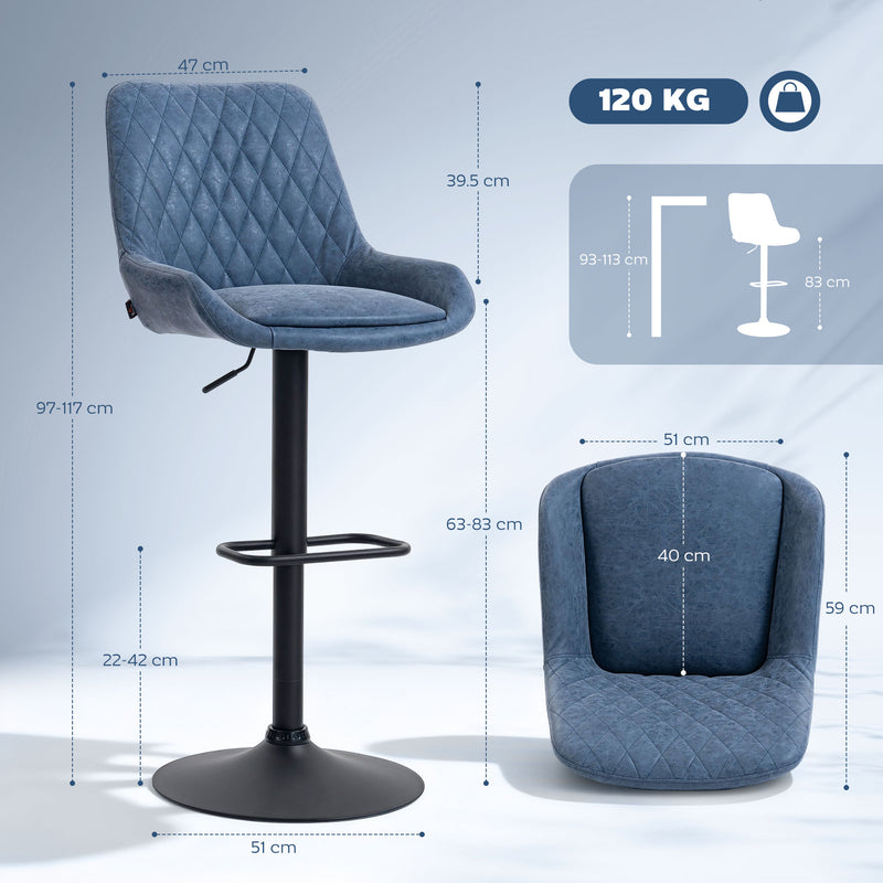 Set of 2 Retro Bar Stools with Adjustable Height and Padded Seat for Kitchen Dark Blue