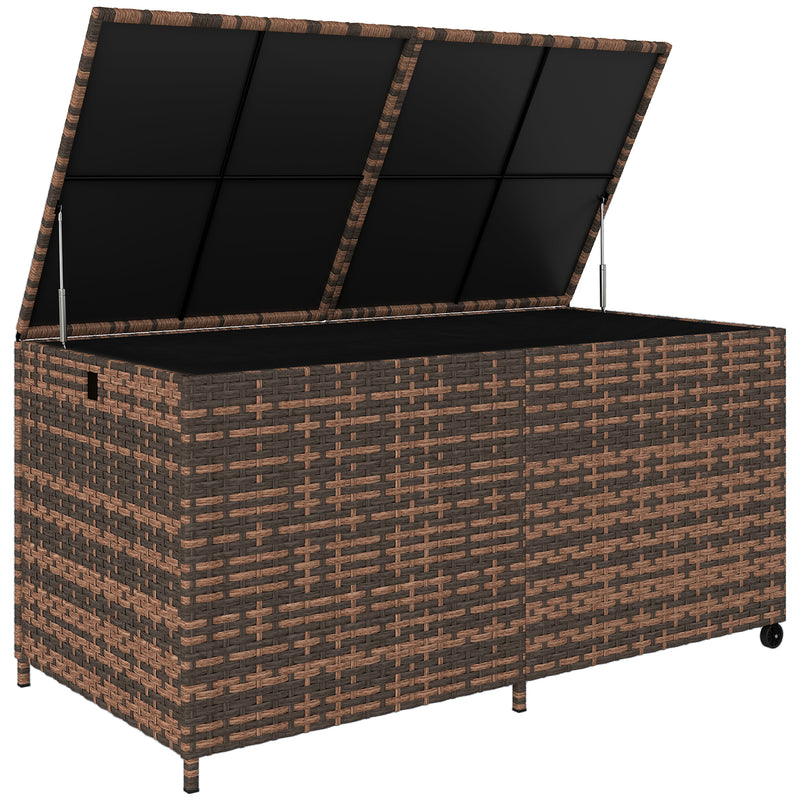 Waterproof Cushion Storage Box For Garden 650L With Wheels and Gas Lift Lid Mixed Brown PE Rattan